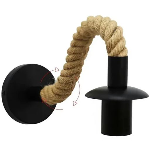 Loft fali lámpa E27, fekete acél kar valódi juta kötéllel