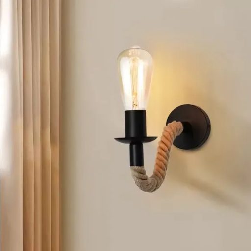 Loft fali lámpa E27, fekete acél kar valódi juta kötéllel