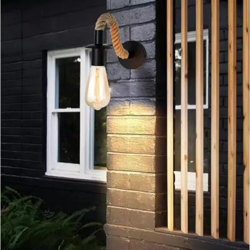 Loft fali lámpa E27, fekete acél kar valódi juta kötéllel