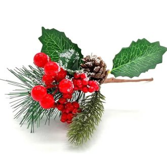   Karácsonyi dekoratív ág, 23 cm, tobozokkal és bogyókkal, PP műanyag