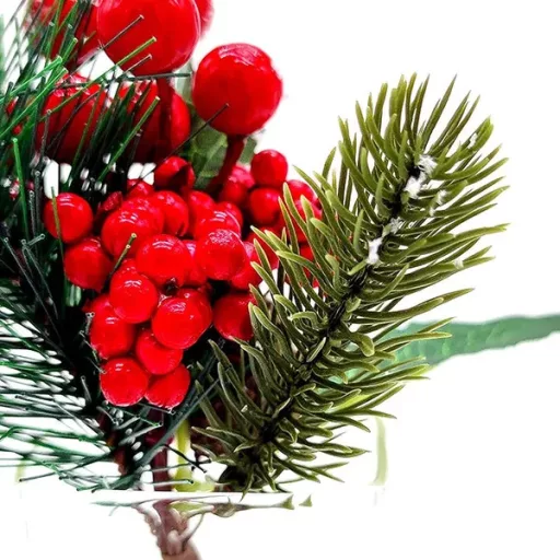 Karácsonyi dekoratív ág, 23 cm, tobozokkal és bogyókkal, PP műanyag
