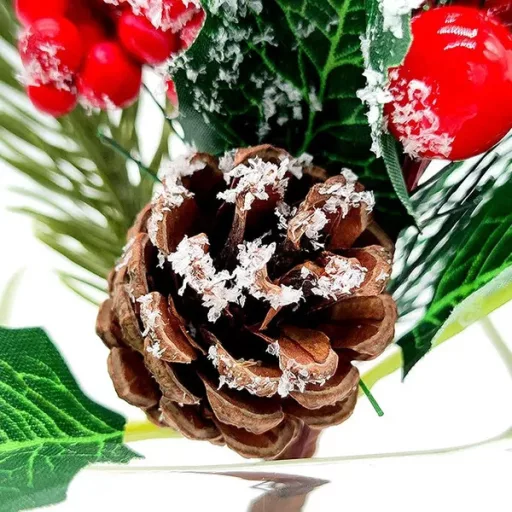 Karácsonyi dekoratív ág, 23 cm, tobozokkal és bogyókkal, PP műanyag