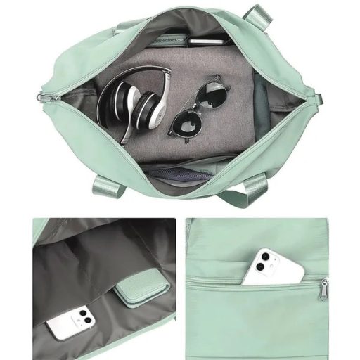 Állítható aljú, többrekeszes utazó- és strandtáska, zöld, 42×22×40 cm