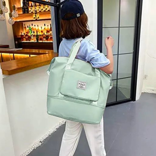 Állítható aljú, többrekeszes utazó- és strandtáska, zöld, 42×22×40 cm