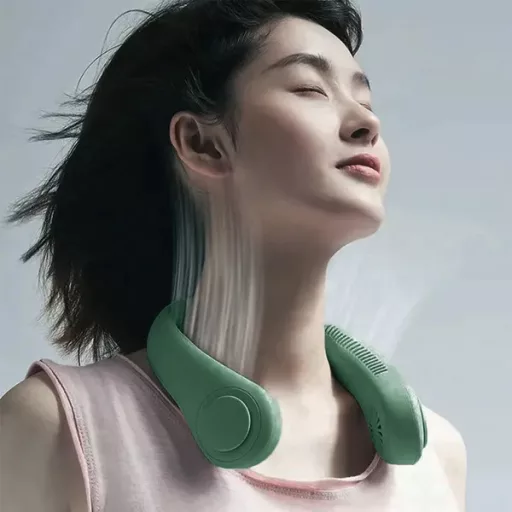 Zöld nyakra akasztható lapát nélküli USB ventilátor, 3 fokozat