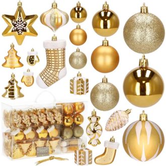   Karácsonyfadísz készlet 77 db, arany, törhetetlen műanyag, 21 féle minta