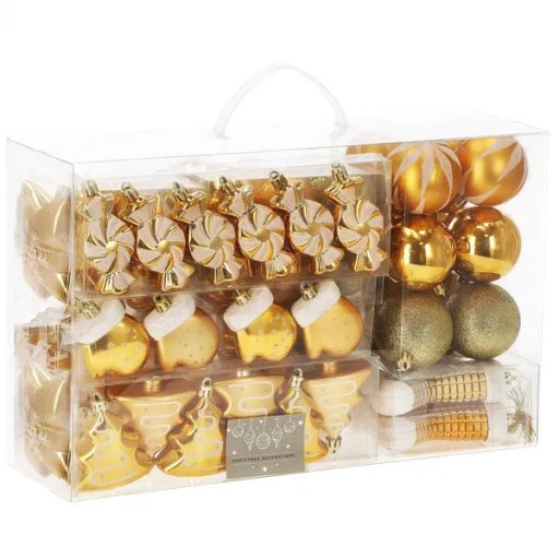 Karácsonyfadísz készlet 77 db, arany, törhetetlen műanyag, 21 féle minta