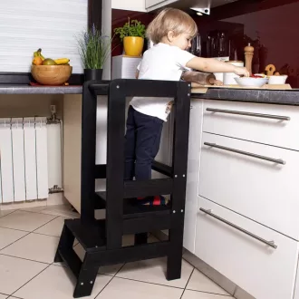   Fekete állítható konyhai tanulótorony, fenyőfa, 90 cm (3 szint)