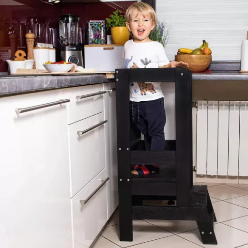 Fekete állítható konyhai tanulótorony, fenyőfa, 90 cm (3 szint)