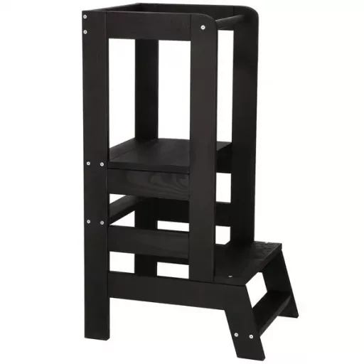 Fekete állítható konyhai tanulótorony, fenyőfa, 90 cm (3 szint)