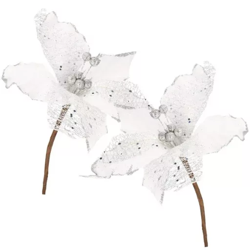 Fehér-szilver mikulásvirág karácsonyi dekor, 24×15 cm poliészter