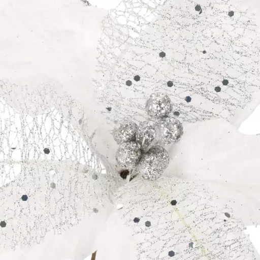 Fehér-szilver mikulásvirág karácsonyi dekor, 24×15 cm poliészter