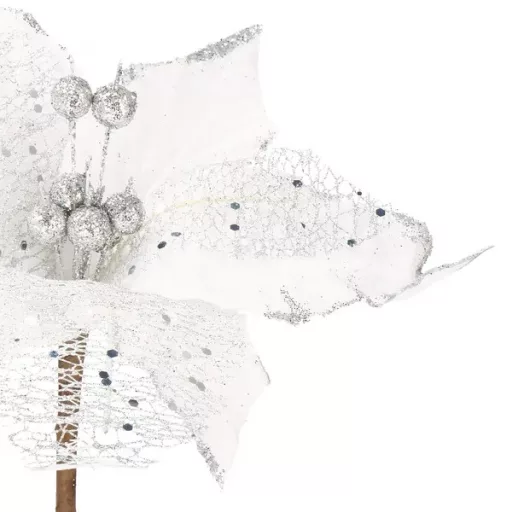 Fehér-szilver mikulásvirág karácsonyi dekor, 24×15 cm poliészter