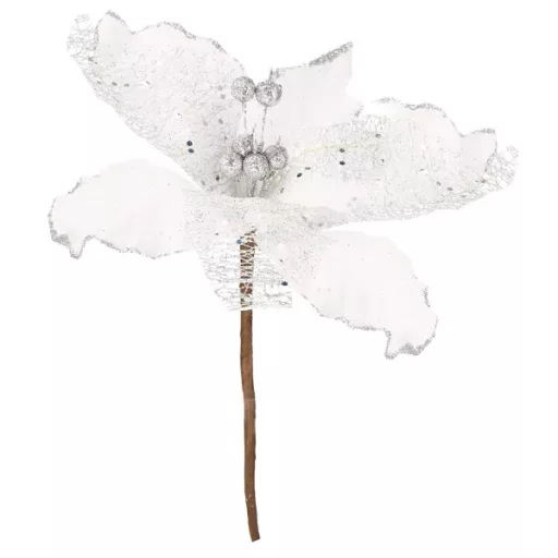 Fehér-szilver mikulásvirág karácsonyi dekor, 24×15 cm poliészter