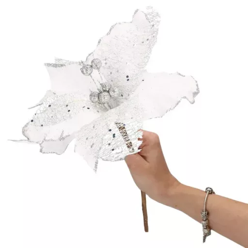 Fehér-szilver mikulásvirág karácsonyi dekor, 24×15 cm poliészter