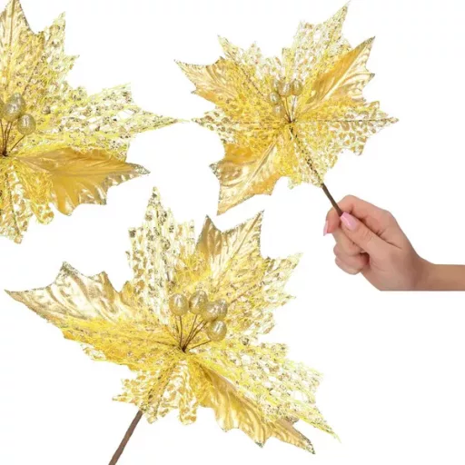 Karácsonyi mikulásvirág dísz, arany-fehér, Ø24 cm, poliészter