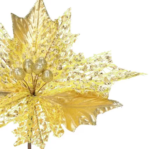 Karácsonyi mikulásvirág dísz, arany-fehér, Ø24 cm, poliészter