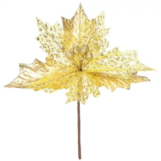 Karácsonyi mikulásvirág dísz, arany-fehér, Ø24 cm, poliészter