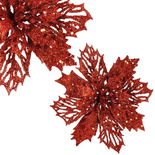 Piros műanyag mikulásvirág karácsonyi dísz, 16 cm, 1 db