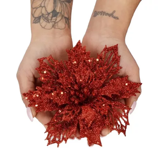 Piros műanyag mikulásvirág karácsonyi dísz, 16 cm, 1 db