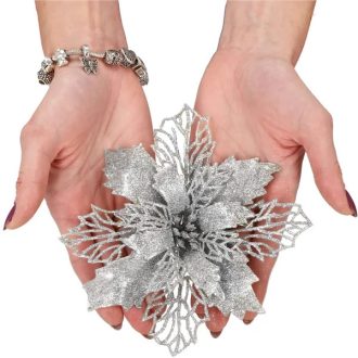 Ezüst mikulásvirág karácsonyi dísz, 16 cm, 1 db