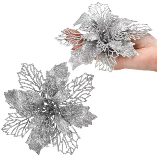 Ezüst mikulásvirág karácsonyi dísz, 16 cm, 1 db