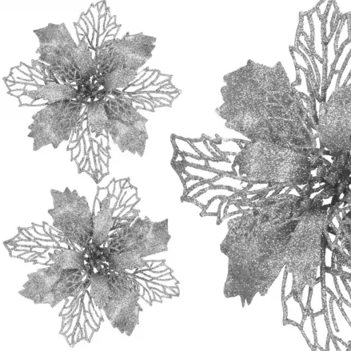 Ezüst mikulásvirág karácsonyi dísz, 16 cm, 1 db