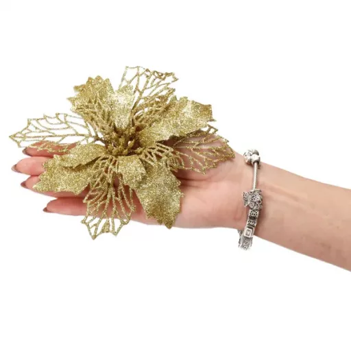 Arany műanyag mikulásvirág karácsonyi dekoráció, 16 cm