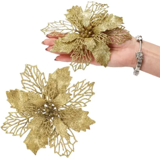 Arany műanyag mikulásvirág karácsonyi dekoráció, 16 cm