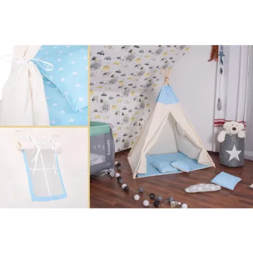 Gyerek tipi sátor szett – kék csillagos, 100% pamut, 120×100×180 cm