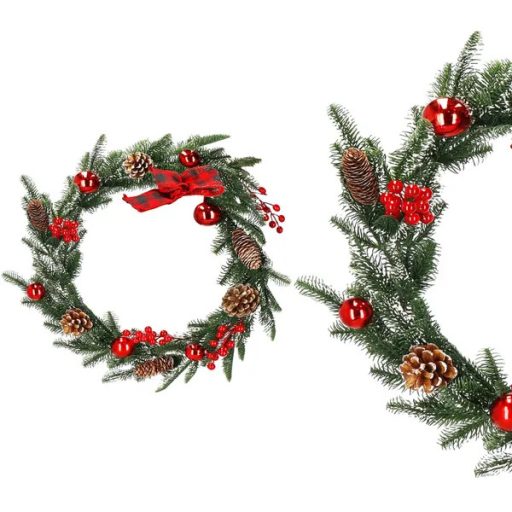 Karácsonyi fenyő girland, 150 cm, tobozokkal, piros bogyókkal, műhóval