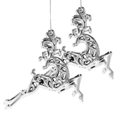 Karácsonyfadísz szett ezüst rénszarvas, műanyag, 2 db, 13×12 cm
