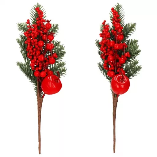 Karácsonyi dekorációs műfenyő ágcsokor piros gyümölcsökkel, 32 cm