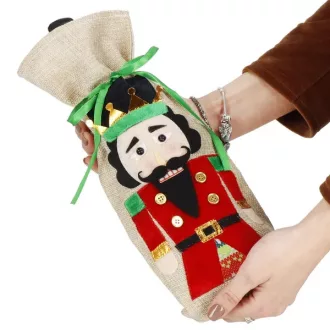   Karácsonyi palackhuzat, diótörő minta, len/poliészter, 35×16 cm