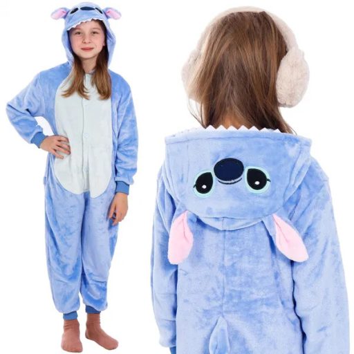 Stitch mintás kigurumi gyerek pizsama overál, 120-130 cm, kapucnis
