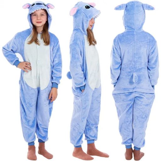Stitch mintás kigurumi gyerek pizsama overál, 120-130 cm, kapucnis
