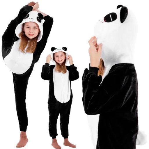 Panda kapucnis kigurumi gyerek pizsama, 125-140 cm, fehér-fekete