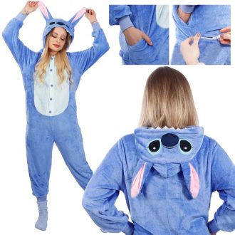   Stitch kigurumi pizsama, L, 100% poliészter, kék-zöld-rózsaszín, kapucnis