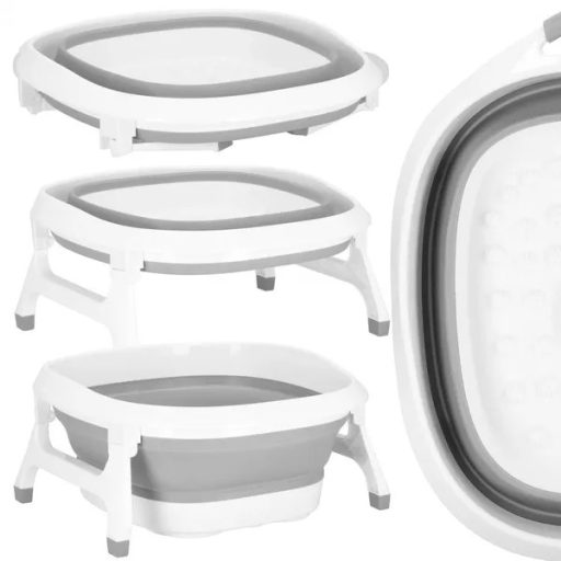 Összecsukható lábmosó lavór, szürke/fehér, 37,5×43,5×19 cm, dugóval