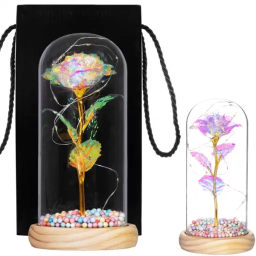 Örök rózsa üveg búra alatt LED fényekkel, multikolor, 22 cm