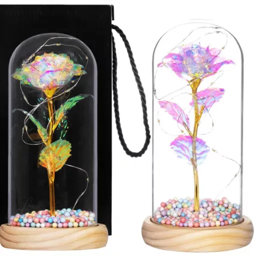 Örök rózsa üveg búra alatt LED fényekkel, multikolor, 22 cm