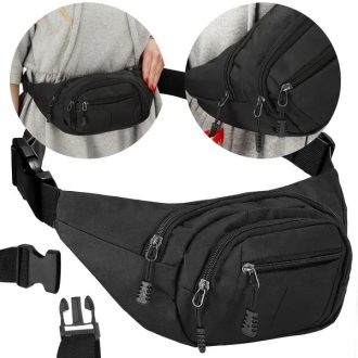   Fekete uniszex poliészter deréktáska, 3 zsebbel, állítható pánttal