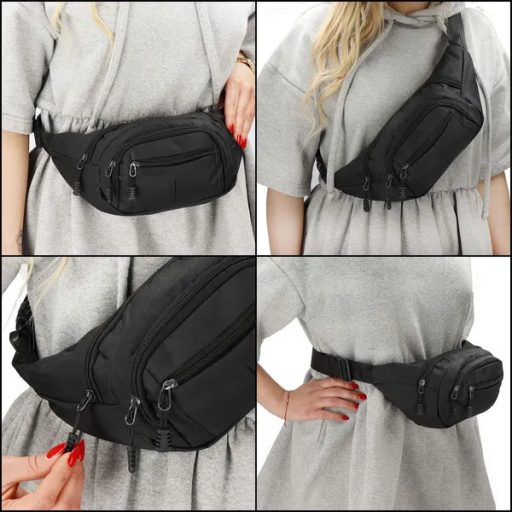 Fekete uniszex poliészter deréktáska, 3 zsebbel, állítható pánttal