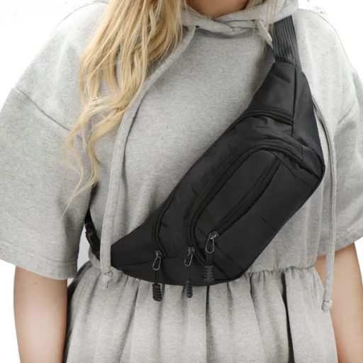 Fekete uniszex poliészter deréktáska, 3 zsebbel, állítható pánttal