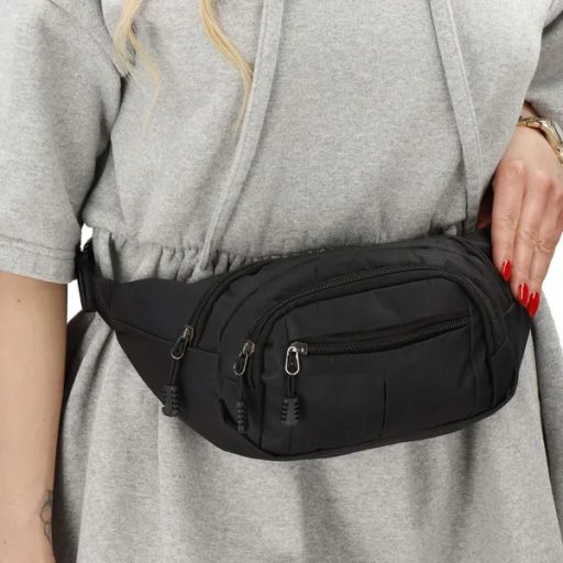 Fekete uniszex poliészter deréktáska, 3 zsebbel, állítható pánttal