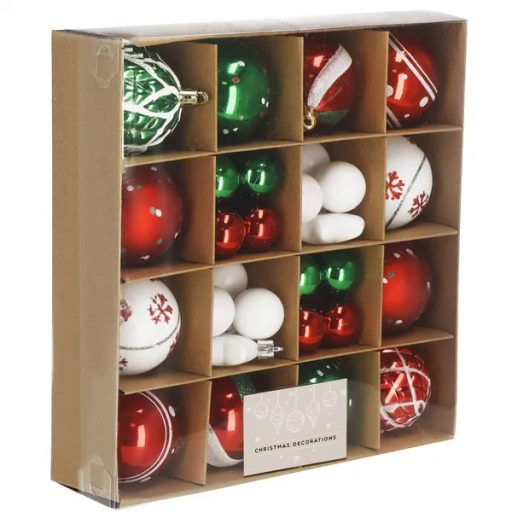 Karácsonyfadísz gömb szett, 42 db, műanyag, 3–6 cm, piros-zöld