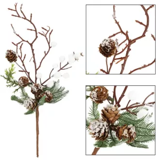   Karácsonyi díszág bogyókkal és tobozokkal, barna-zöld-fehér, 30 cm