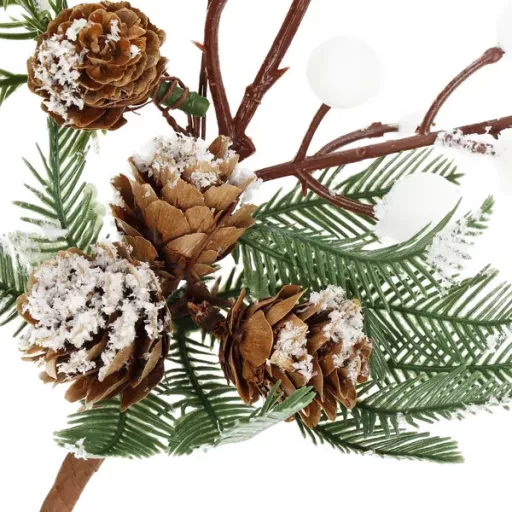 Karácsonyi díszág bogyókkal és tobozokkal, barna-zöld-fehér, 30 cm