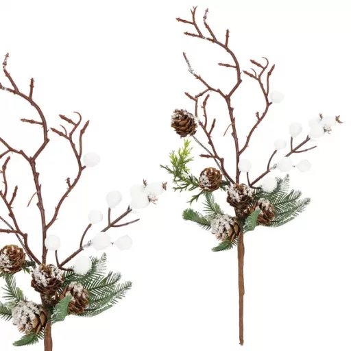 Karácsonyi díszág bogyókkal és tobozokkal, barna-zöld-fehér, 30 cm