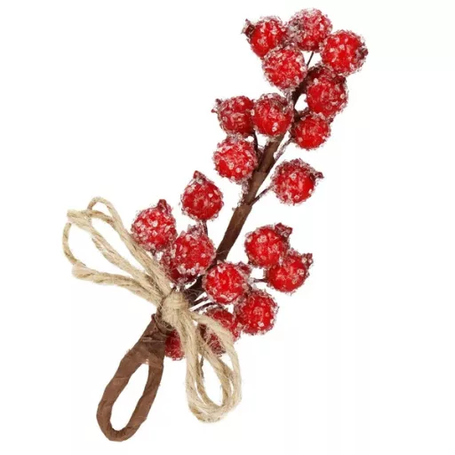 Karácsonyi dekoratív ág, vörös berkenye bogyókkal, juta zsinórral, 15 cm